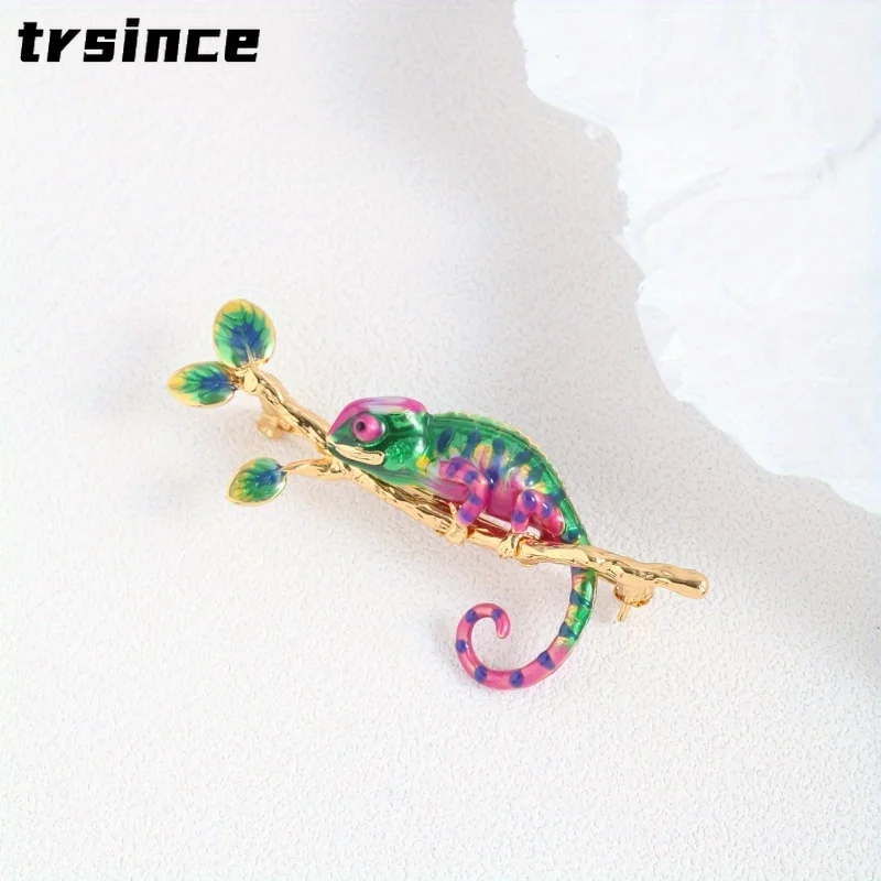 Painted Enamel Glaze Personality Creative Chameleon Branches Green Leaf Pins Brooch Accessories for Women and Men