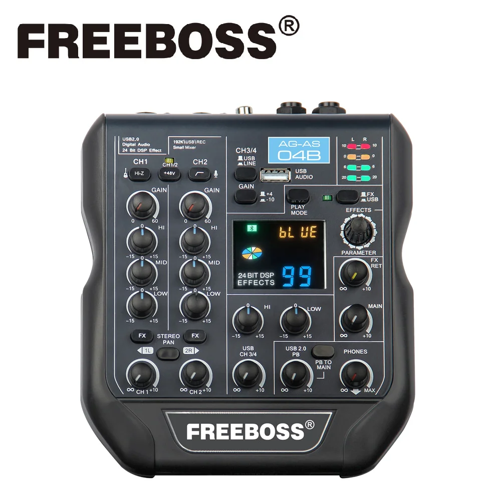 

Freeboss 4 Channel Mini Mixing Console 24Bit 192KHz Audio Mixer 99 DSP Effects Bluetooth PC play USB Record 48V Power AG-AS04B