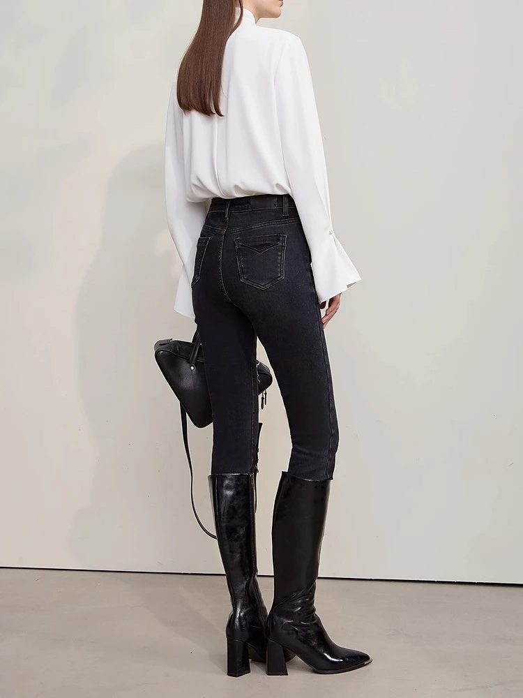 AMII Women's Jeans 2025 Winter New Slim Cotton Warm Versatile Women Denim Pants Solid Black Retro Casual Women's Pants 12544116 - Image 2