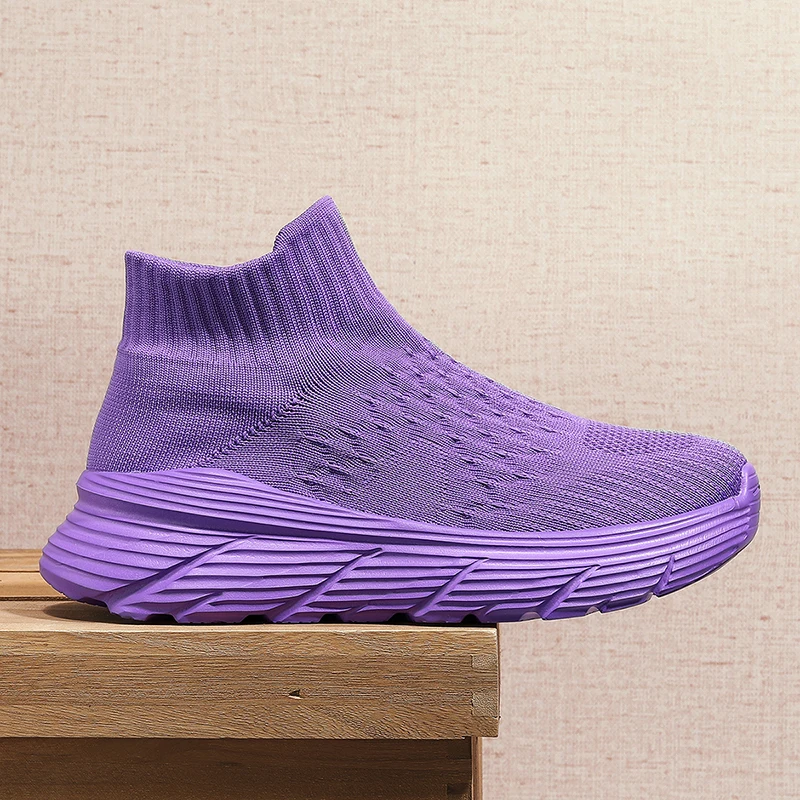 High Top Purple Sock Sneakers For Men Fashion Platform Men\'s Running Shoes Lightweight Breathable Knit Casual Sports Shoes Women