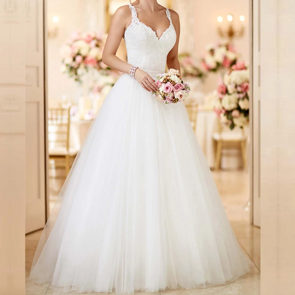

ZJ9294 Luxury Sparkly Wedding Dress Boho Backless Bridal Gowns Spaghetti Straps Appliques Tulle
