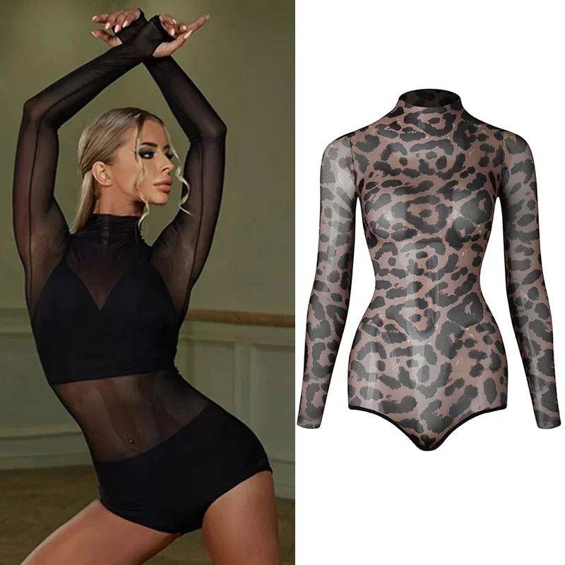 

New See-Through Mesh Latin Dance Tops Women Long Sleeves Black Leopard Bodysuit Adult Practice Wear Rumba Dance Clothes DNV18538