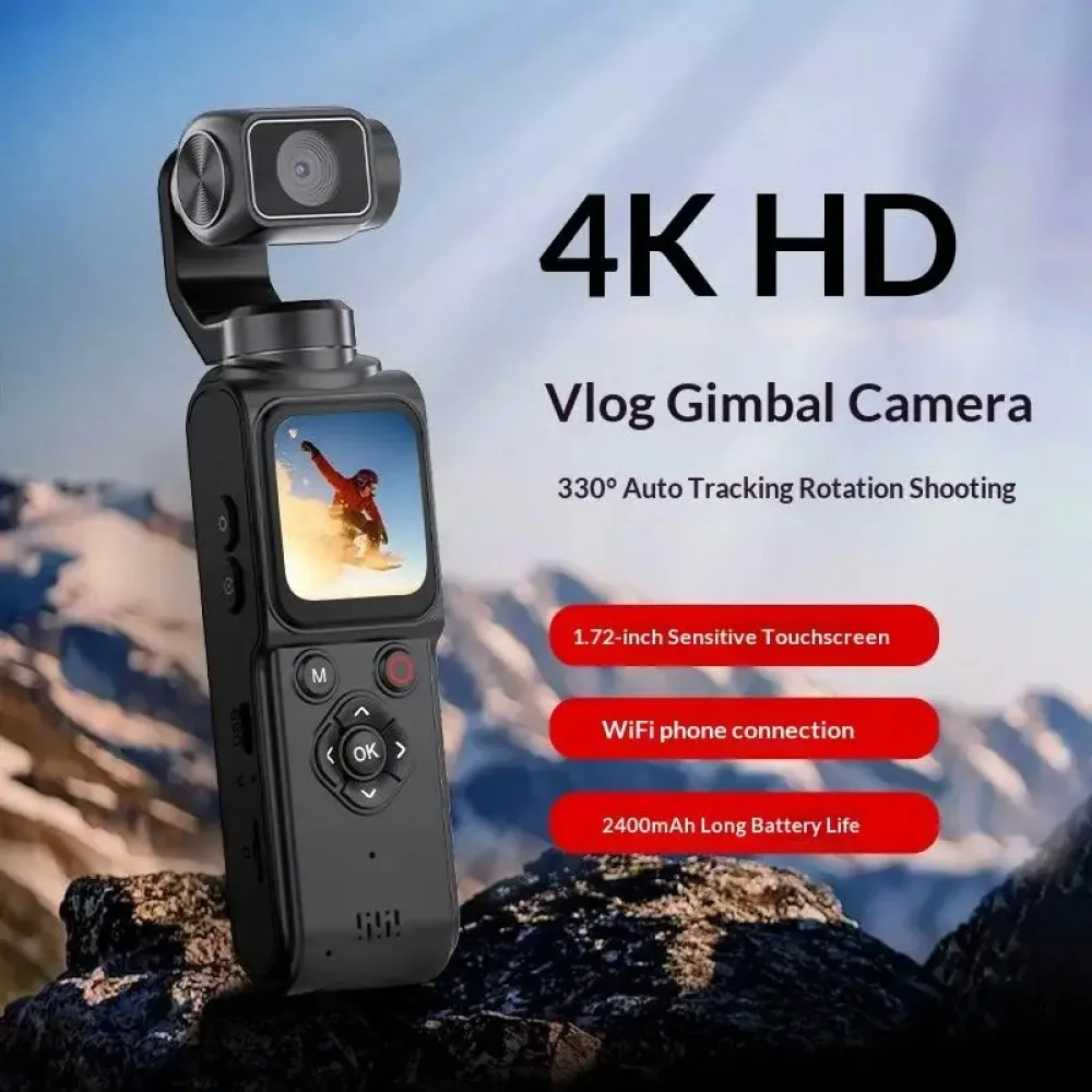 4K Pocket Gimbal Camera Handheld Stabilized Camcorder 75MP 330° Auto-Tracking Rotation 1.7-inch Touchscreen for Vlogging