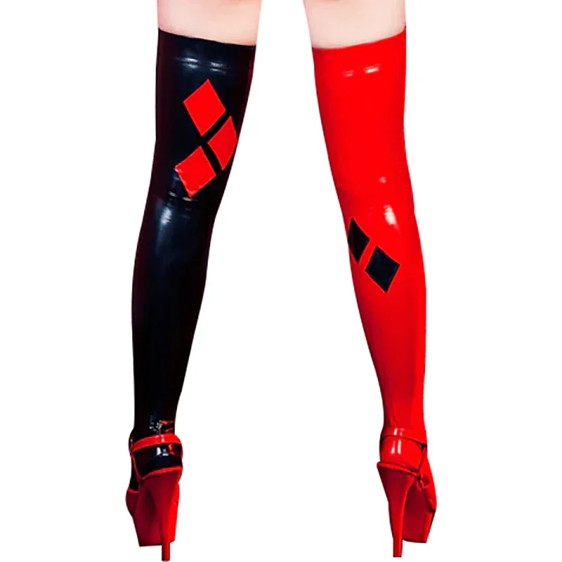 Black And Red Trims Rubber Latex Thigh High Stockings Clown Suit Outfit Uniform For Feet Wear Cosplay