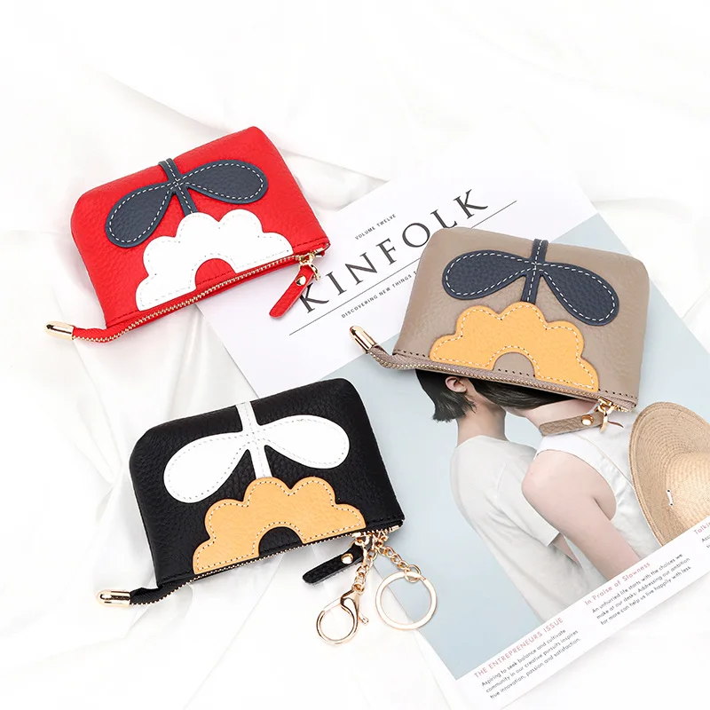 Coin Purse Female Leather Keychain Coin Bag Women Zero Wallet MIni Change Bags Flower Zip Key Card Coins Earphone Lipstick Pouch