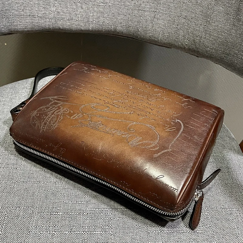 JOUR-V2 New Mens Bags Handbags Genuine Leather Document File Bag Hand Patina with Italian Calfskin Leather