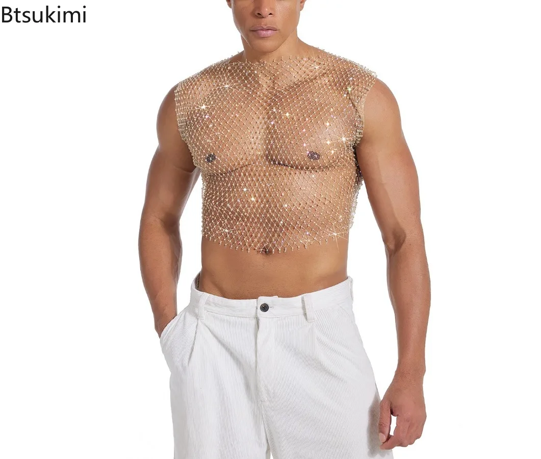2026 New Men's Sexy Tank Tops Fishnet Rhinestone Shiny Hollow Vest Man Mesh See-Through Sleeveless T-Shirt Transparent Clothing