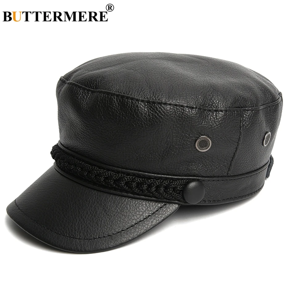 BUTTERMERE Luxury Hat Women Men Genuine Leather Military Caps Black Real Leather Sailor Hats Male Autumn Winter Cowskin Cap