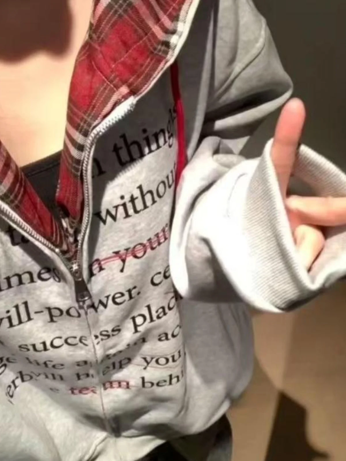 เสื้อฮู้ดดี้คาร์ดิแกนผู้หญิง ดีไซน์ลายสก็อตแบบเรโทร ตัดต่อผ้าสไตล์เกาหลี ทรงหลวม แขนยาว ผ้าโพลีเอสเตอร์ ปิดด้วยซิป