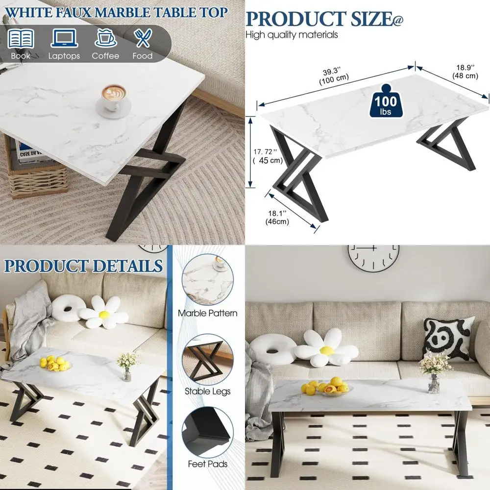 

Современный журнальный столик из белого мрамора, элегантный прямоугольный дизайн с прочной черной металлической рамой, подходит для гостиной, спальни или