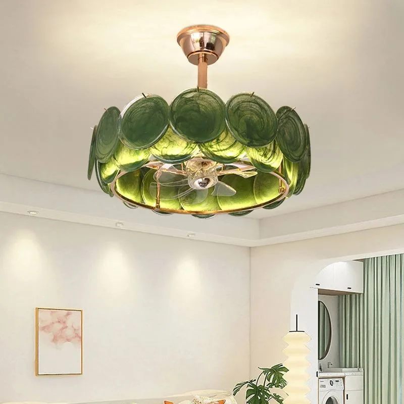 French glass living room chandelier, fan light, dark green glass ceiling fan light in master bedroom, moving head fan light