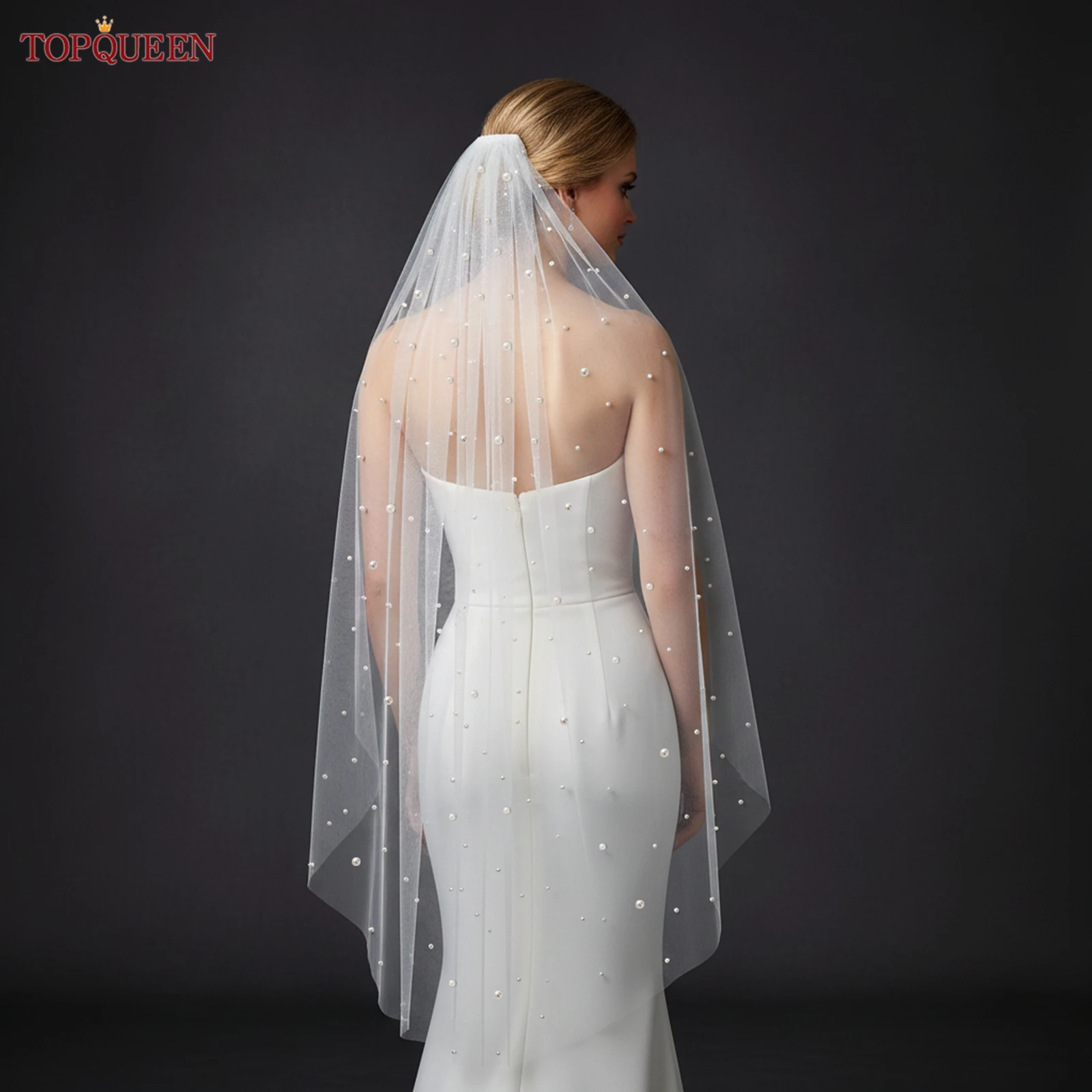 

Свадебная фата TOPQUEEN Velo De Novia Lujosa, элегантная, с жемчугом, короткая, с расческой, свадебные аксессуары, на заказ, V182