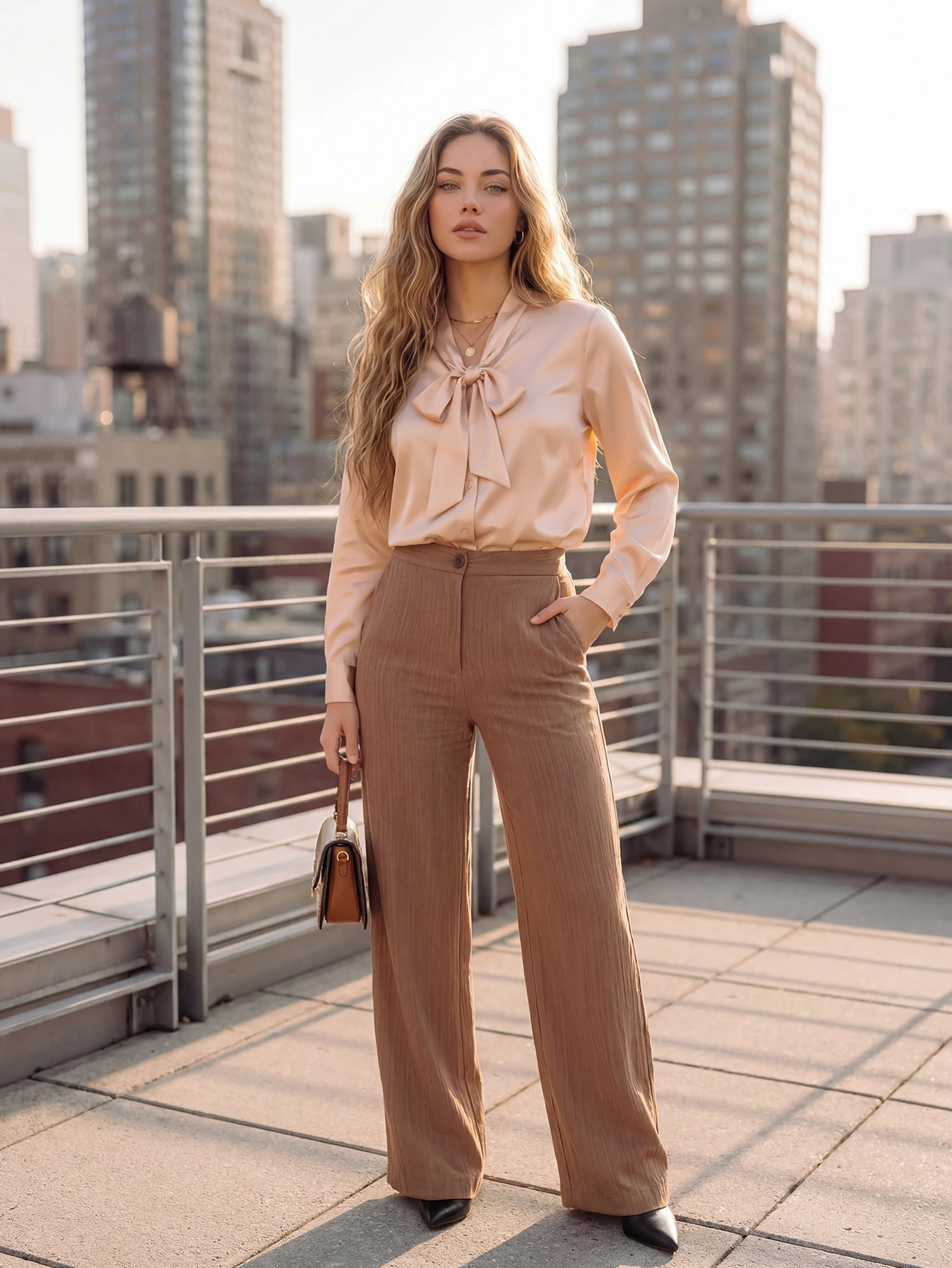 

Plus Size Blush Pink Satin Bow Tie Neck Blouse Women Long Sleeve Button Down Elegant Office Work Shirt
