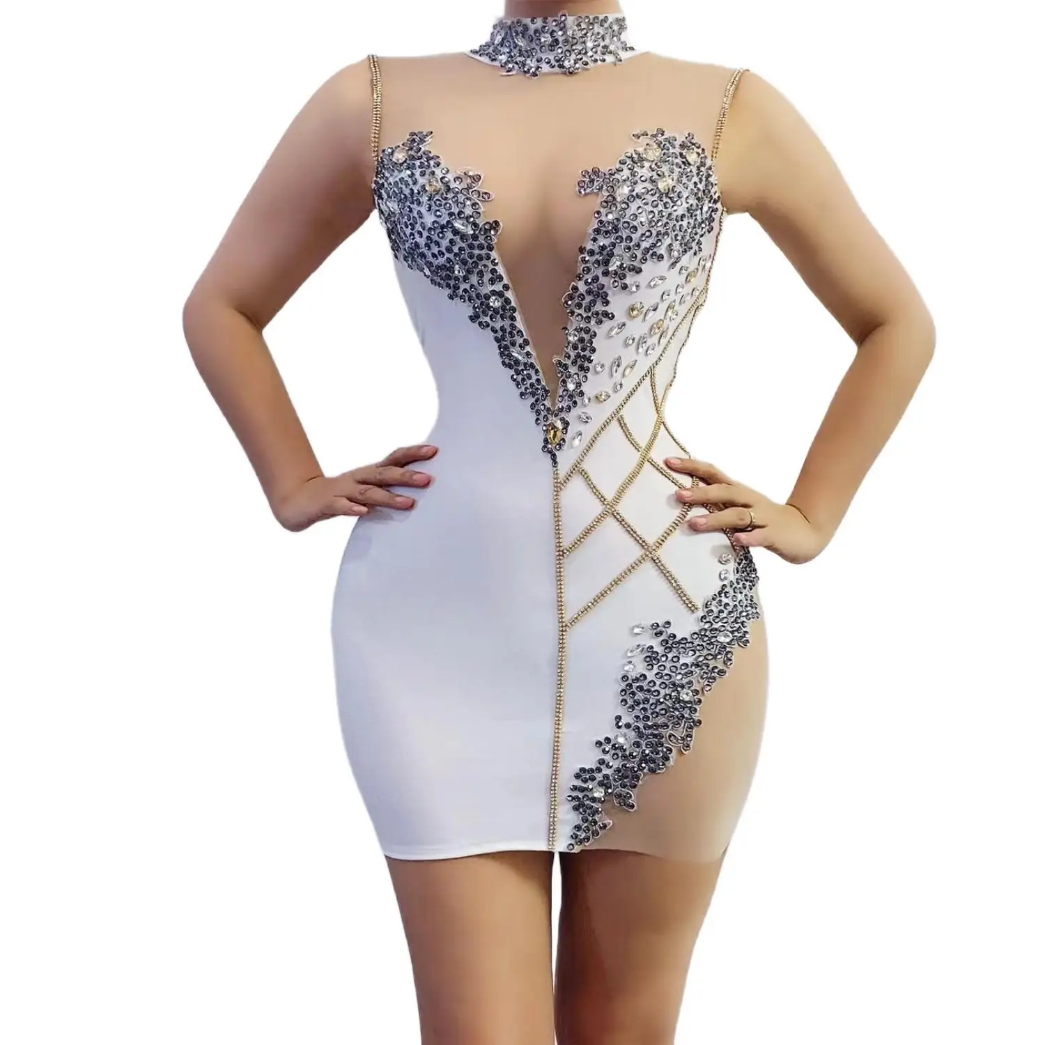 Baiyeheiye Women White Sleeveless Rhinestone Bodycon Dress See Through Mesh Crystal Party Outfit for Birthday Nightclub