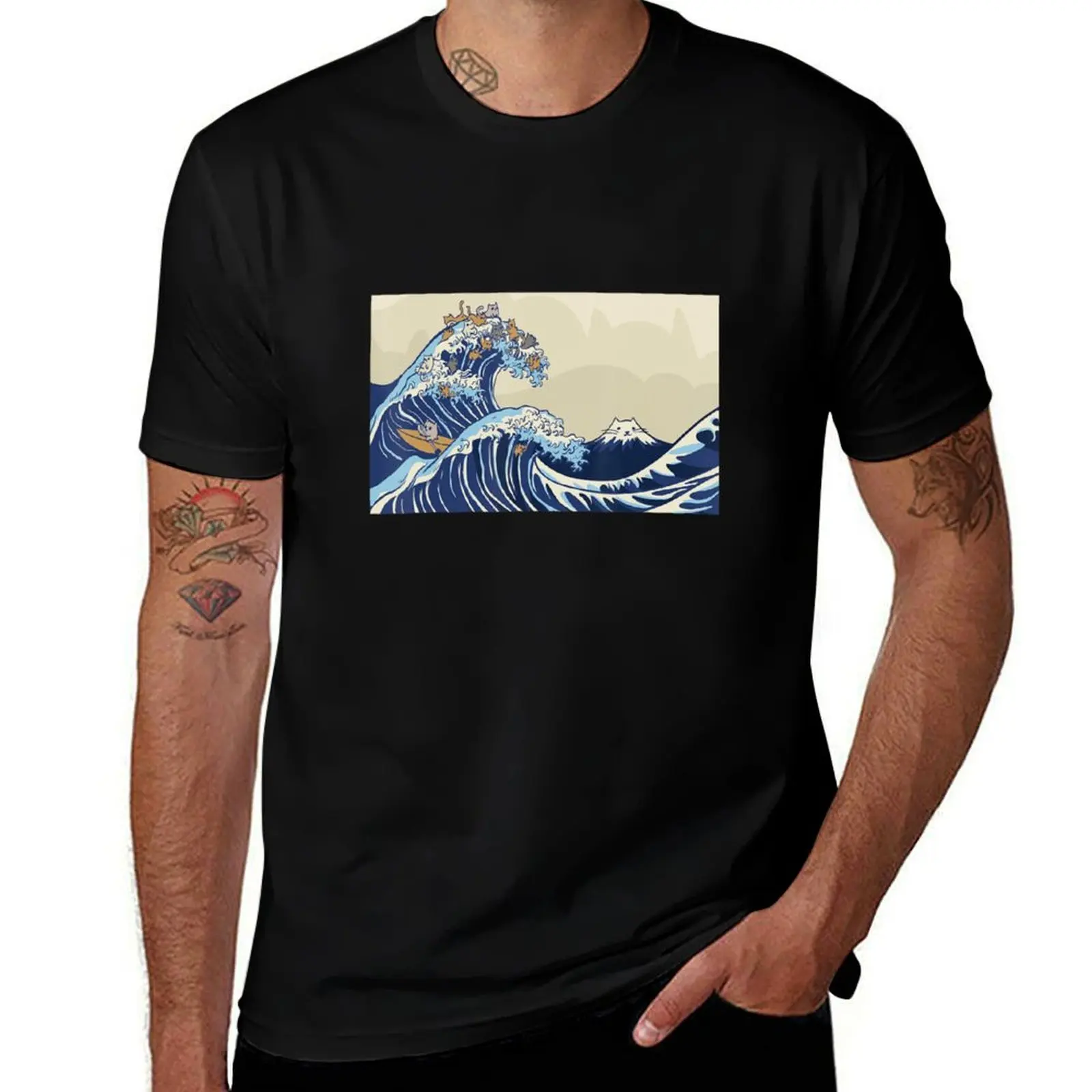

Cute Cat Japanese Surfing Great Wave T-Shirt Holiday Casual Short Sleeve Top