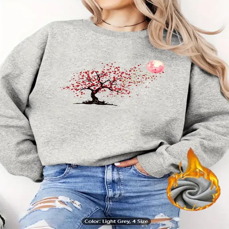 

Женская абрикосовая толстовка с вишневым цветом и луной, графический принт на флисовой подкладке, повседневный пуловер большого размера, топ для любителей природы