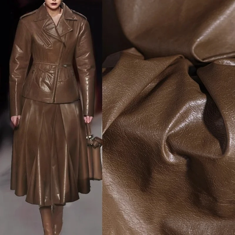 

Dark Brown Leather Fabric Cowhide Texture Retro Creative Clothing Designer Cloth Apparel Sewing Fabric PU Rayon Material