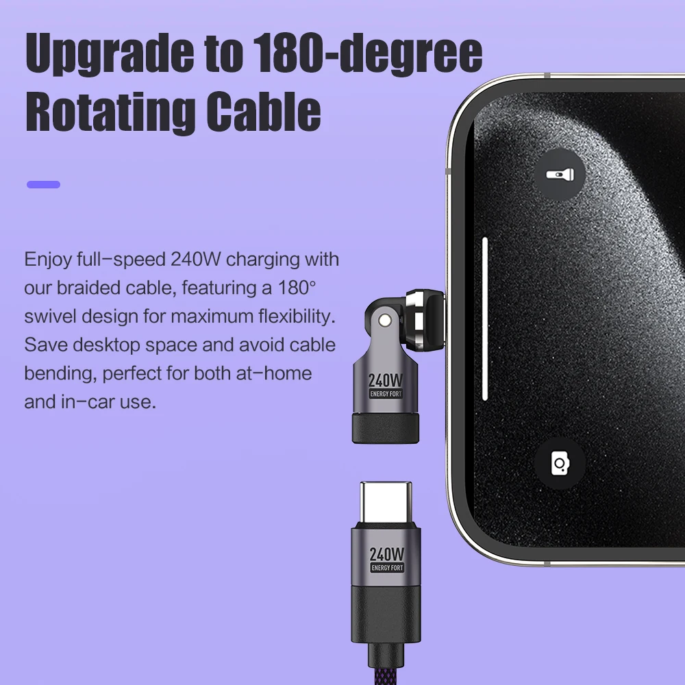 Кабель-адаптер для зарядного устройства для телефона типа C USB C PD 240 Вт 540 °   Насадки для вращающихся разъемов для телефона 16, Samsung MacBook Pro LG Google