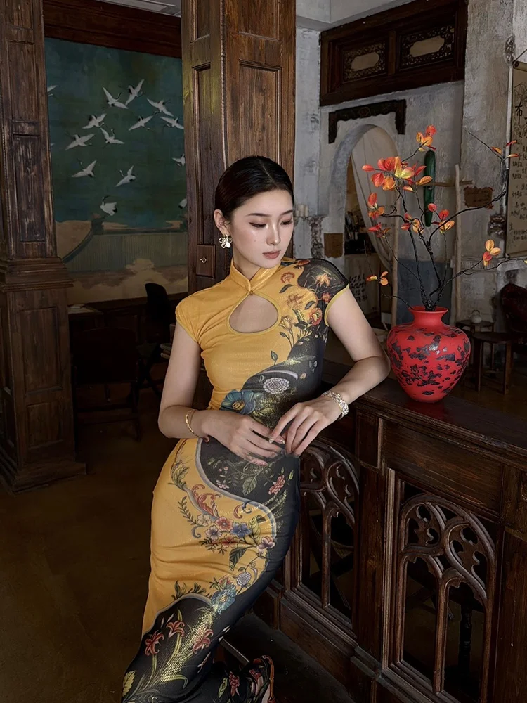 

New Chinese Style Stand Collar Qipao Dress Women Summer Sexy Hollow out Print Bodycon Skirt High Waist Fish Tail Gown