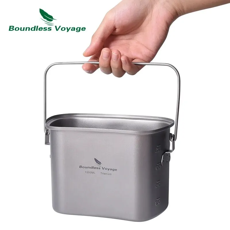 Boundless Voyage Titanium Hanging Pot Cup Cooking Set with Lid Folding Handles Outdoor Camping Cookware Mess Kit 1500ML + 600ML