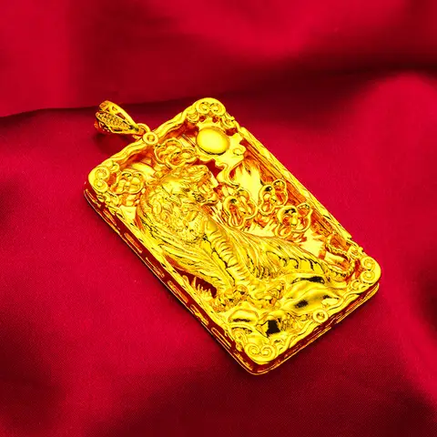 24K Gold Tiger Pendant Square Plate | AU999 Pure Gold, 3D tiger relief, diamond - set hollow square, bold & noble