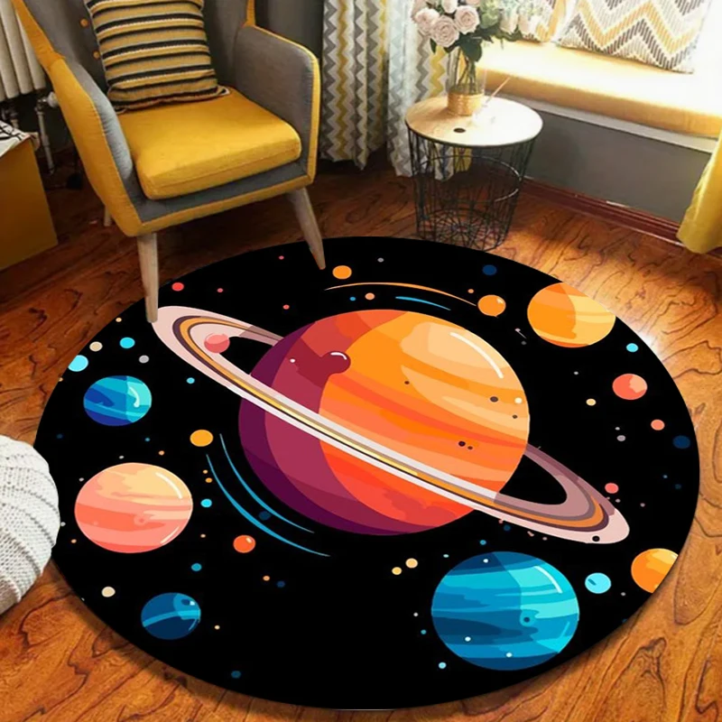 Cosmic Planet Runder Teppich, Cartoon-Weltraum-Astronauten-Muster, Heimdekoration, Teppich, weiche, rutschfeste Bodenmatte für Kinderzimmer, Wohnzimmer