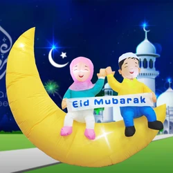 5FT Ramadan Inflatable Couple Kids on Crescent Moon Islamic Ramadan Decor for Muslim Holiday Outdoor Party Toys with LED Lights