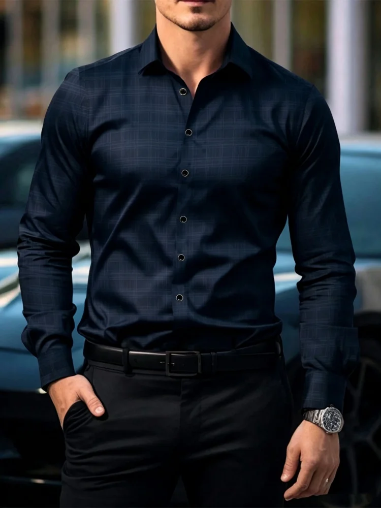 Men's Dark Plaid Long Sleeved Shirt Slim Fit Shirt European and American Business Formal Commuting Versatile Top