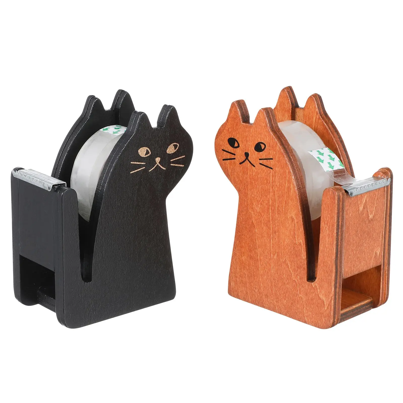 

2 Pcs Cat Tape Dispenser Adorable Desktop Stand Black Cat Yellow Wood Smooth Edge Office School Home Workshop Portable