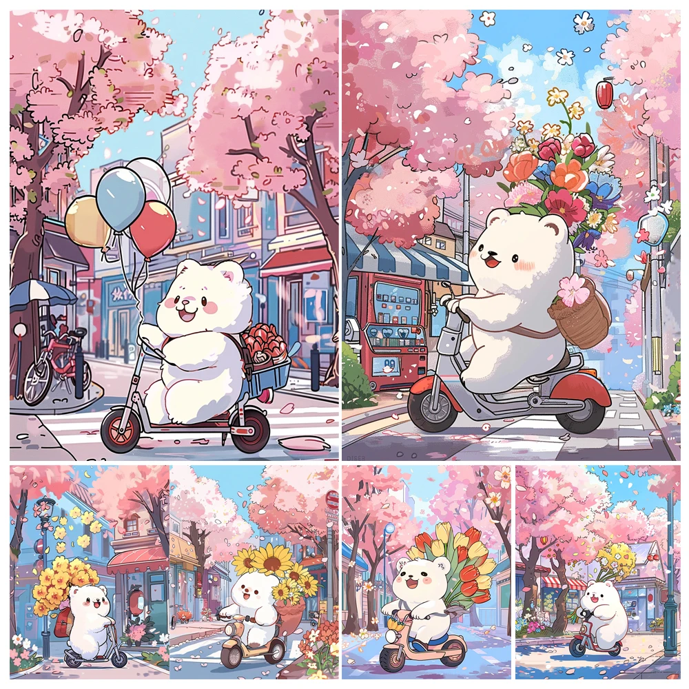 Hand Painting White Bear Under The Cherry Blossom Tree Painting By Numbers Kit DIY Artwork Canva Art GiftHome Decoration Gift