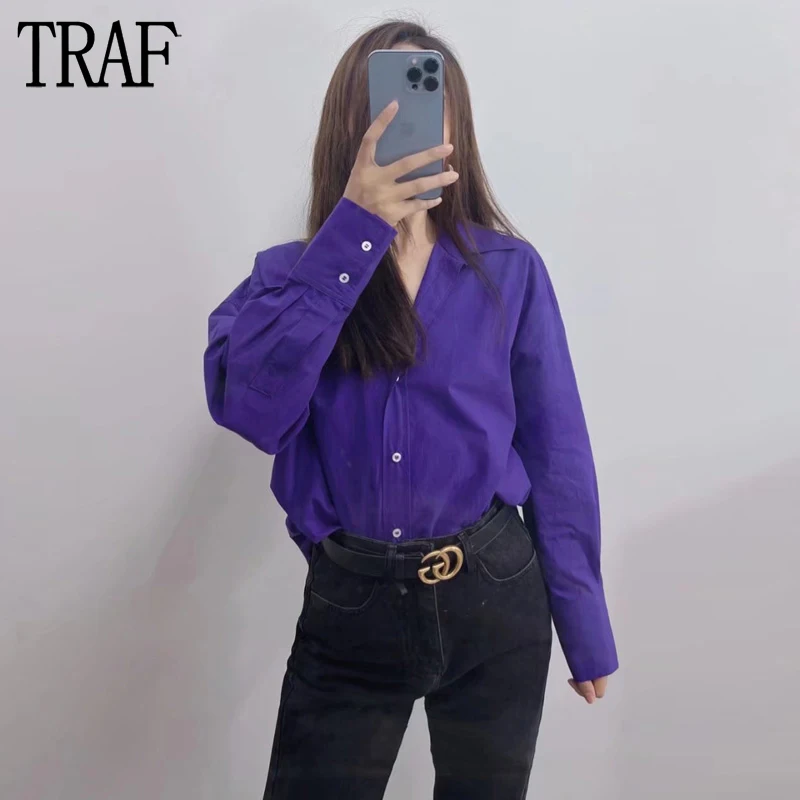 TRAF 2023 Purple Shirt Women Oversize Long Shirts for Women Button Up Shirts and Blouses Woman Long Sleeve Summer Top Female