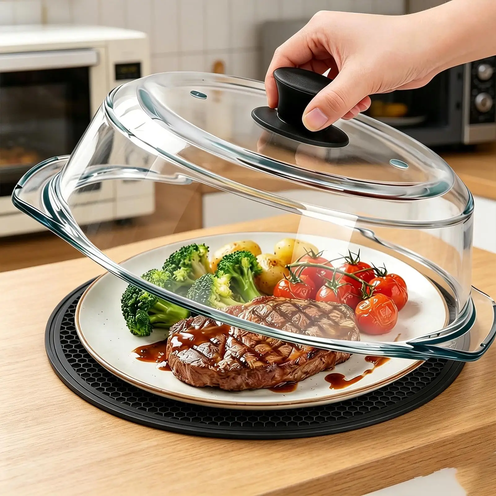 Microwave Cover Reusable Heating Clear Lid With Silicone Handle Microwave Plate Cover For Oven Bowls Plates Cooking Heating