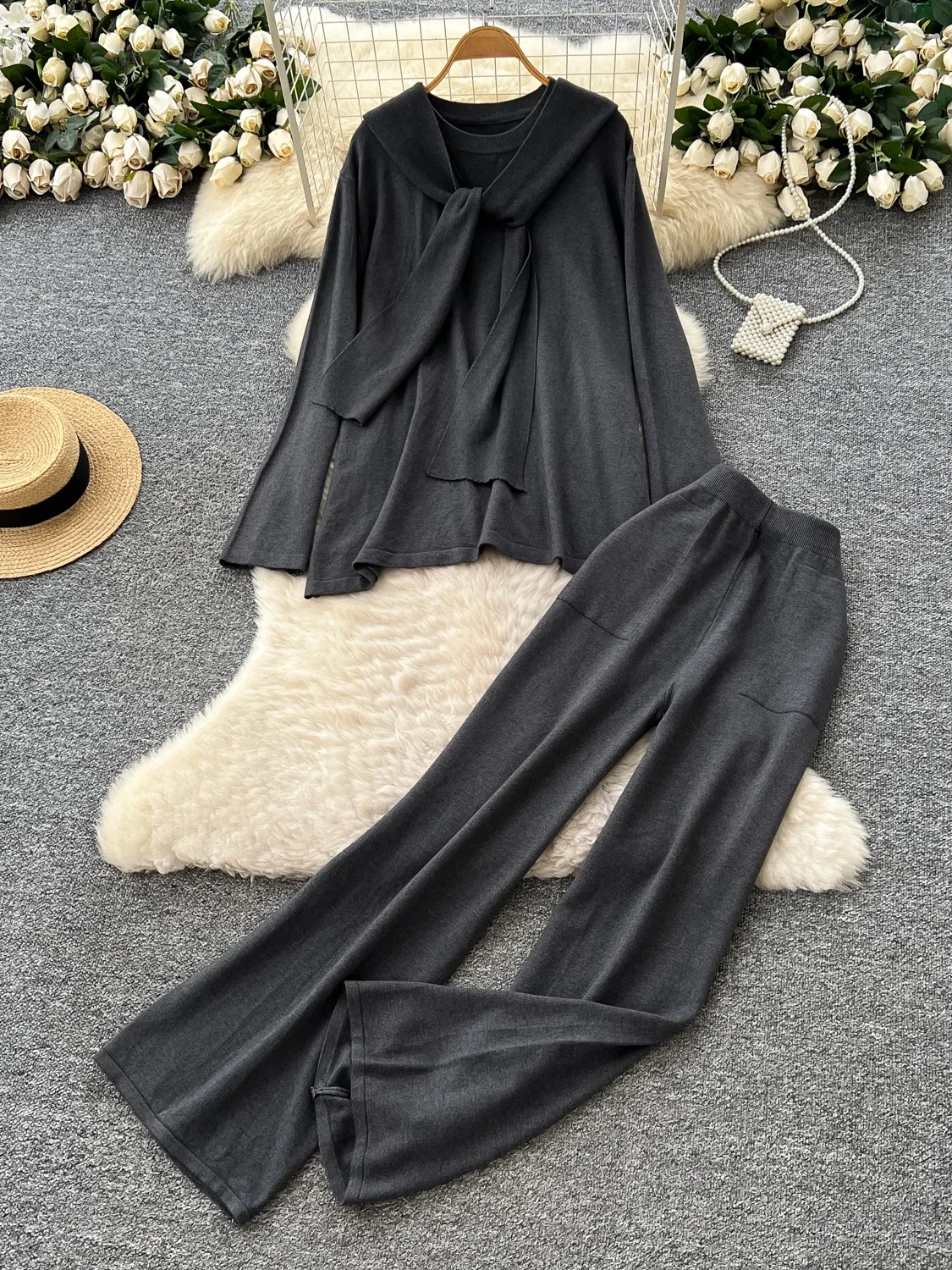 طقم خريفي نسائي من Ele mat بخصر عالٍ طويل Sve مستدير Ne مع سروال طويل ثنيات بدلة مكونة من قطعتين #3