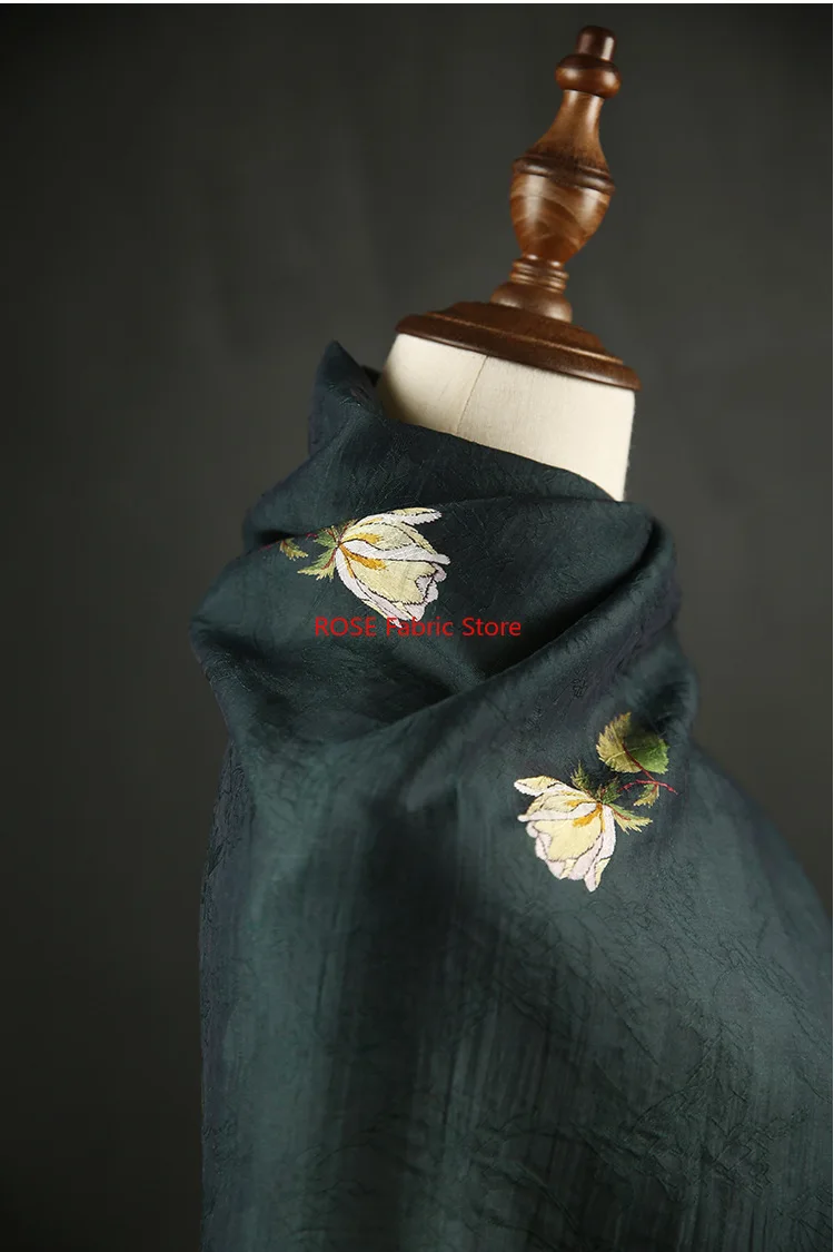1 Meter Rose Embroidered Silk Jacquard Fabric Summer Dress Shirt Hanfu Cheongsam Decorative Sewing Fabric