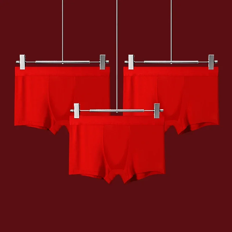 5 قطع ملابس داخلية للرجال، سراويل داخلية للرجال، هدايا قطنية بالكامل لسنة الأرنب، زفاف أحمر لامع، سراويل رفيعة بأربعة زوايا