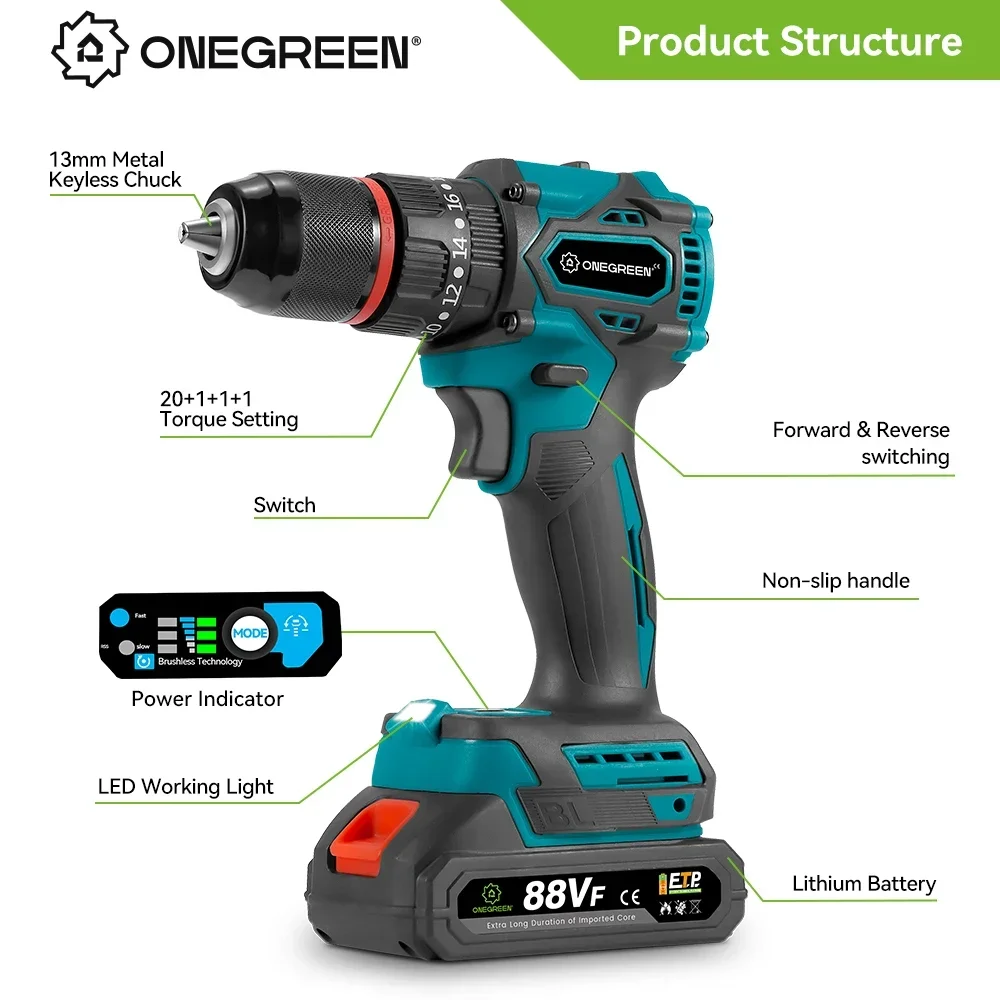 ONEGREEN 480N.M 13mm Brushless Electric Impact Drill Cordless Drill Electric Screwdriver Power Tools For Makita 18V Battery Pin