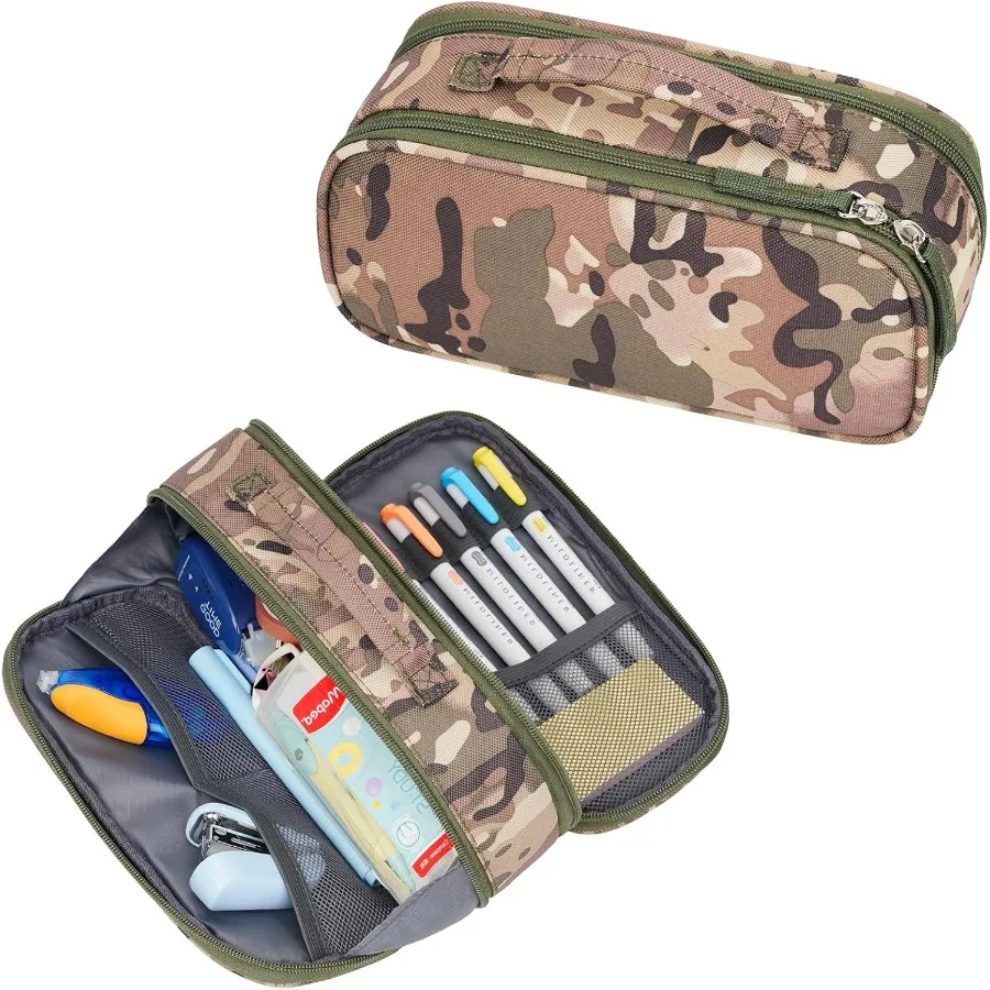 Tactical Pencil Case for Boy Extra Large Capacity Camo Pencil Pouch for Men Adults 3 Compartment Zipper Pen Case Small T