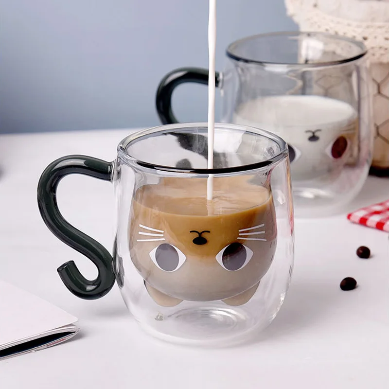 250Ml Creatieve Cartoon Kat Dubbele Wand Glazen Beker Met Handvat Schattige Koffiekop Hittebestendige Mok Thuis Keuken Kantoordrank