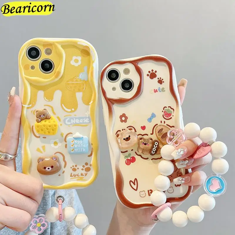 INS Curly Wave Edge Cream Rabbit Phone Case For Realme 5 5i 5s 6 6i 6s 7i 8 8i 9 10s C11 C12 C15 C17 C20A C21Y Wrist Strap Cover