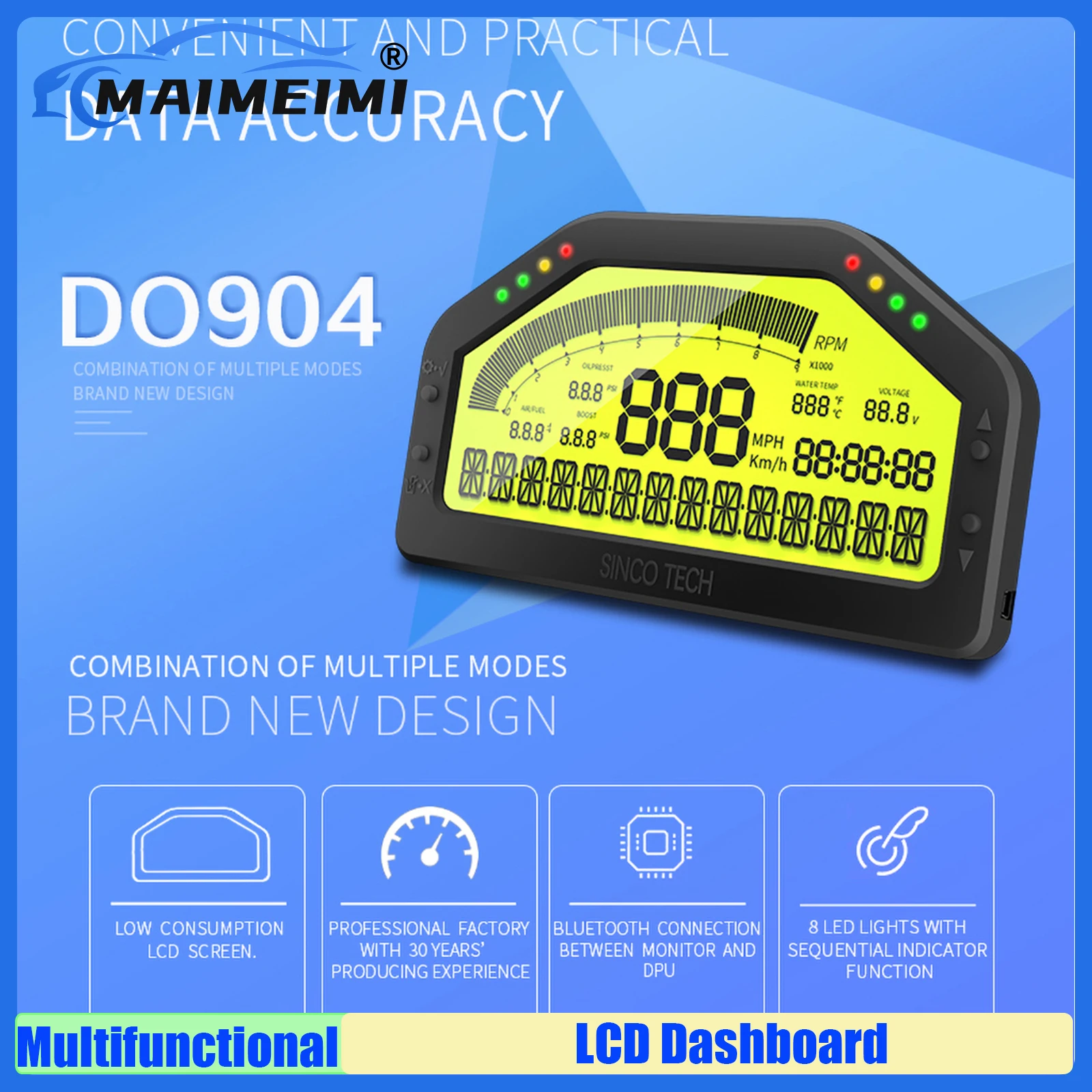 MAIMEIMI 9 in 1 Gauge LCD Display Sensor Kit Race Dashboard Bluetooth-compatible DO904 Multifunctional Digital Race Dash Panels