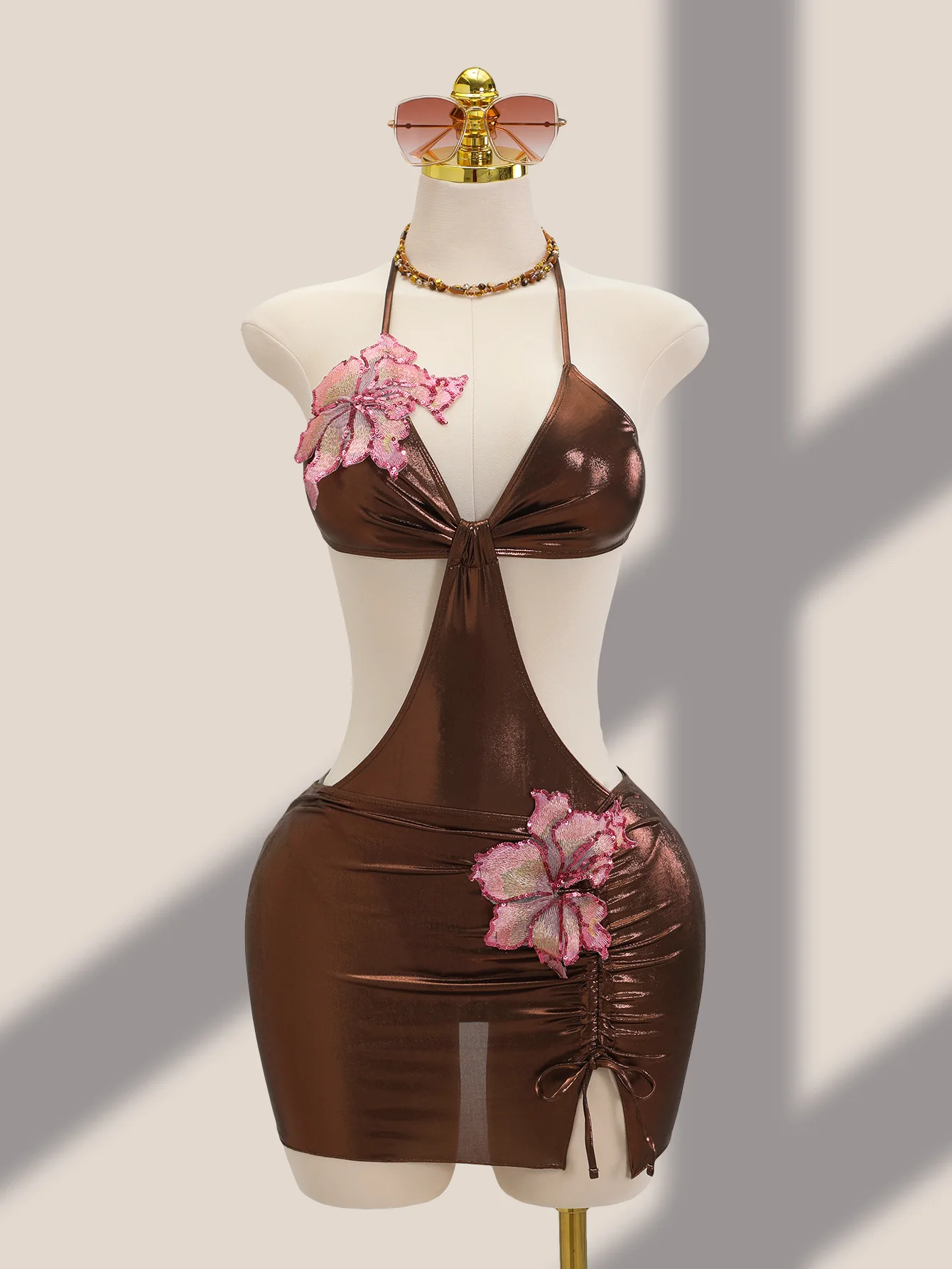 sexy glitter sequin applique flower metallic swimsuits bodysuits two pieces with drawstring mini skirt bathing suit swimwear