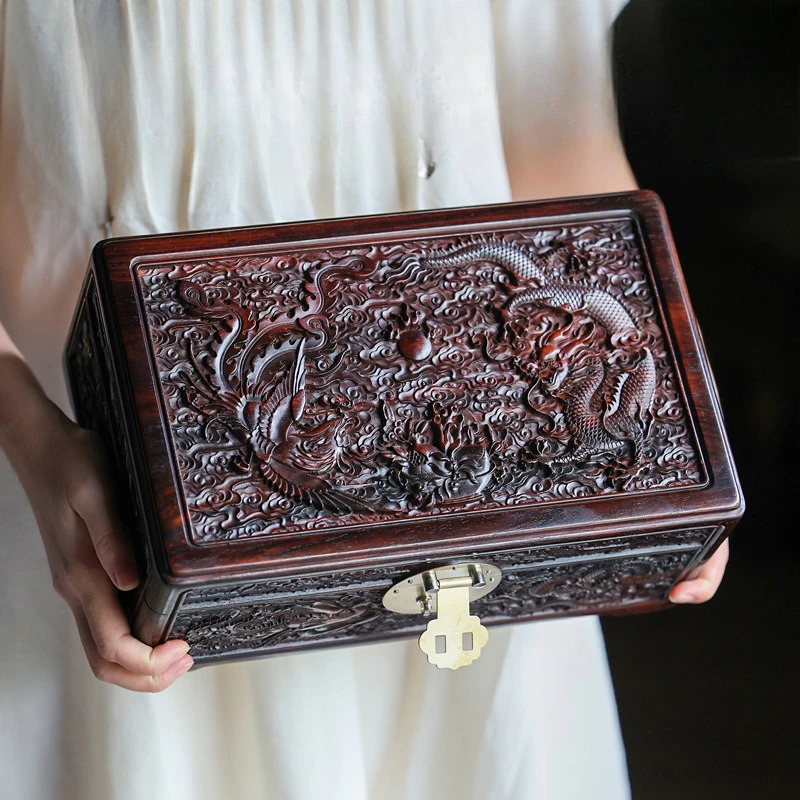 

Jewelry box retro red wood carving dragon and phoenix wedding box wedding three gold storage box