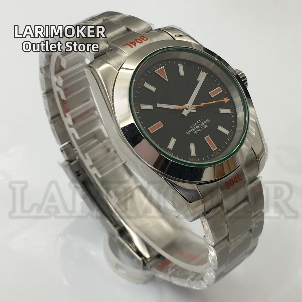 LARIMOKER Ronda515-12h Orologio al quarzo 36mm/39mm Lunetta lucida Vetro zaffiro verde Quadrante bianco nero Bracciale in acciaio con lancetta fulminea