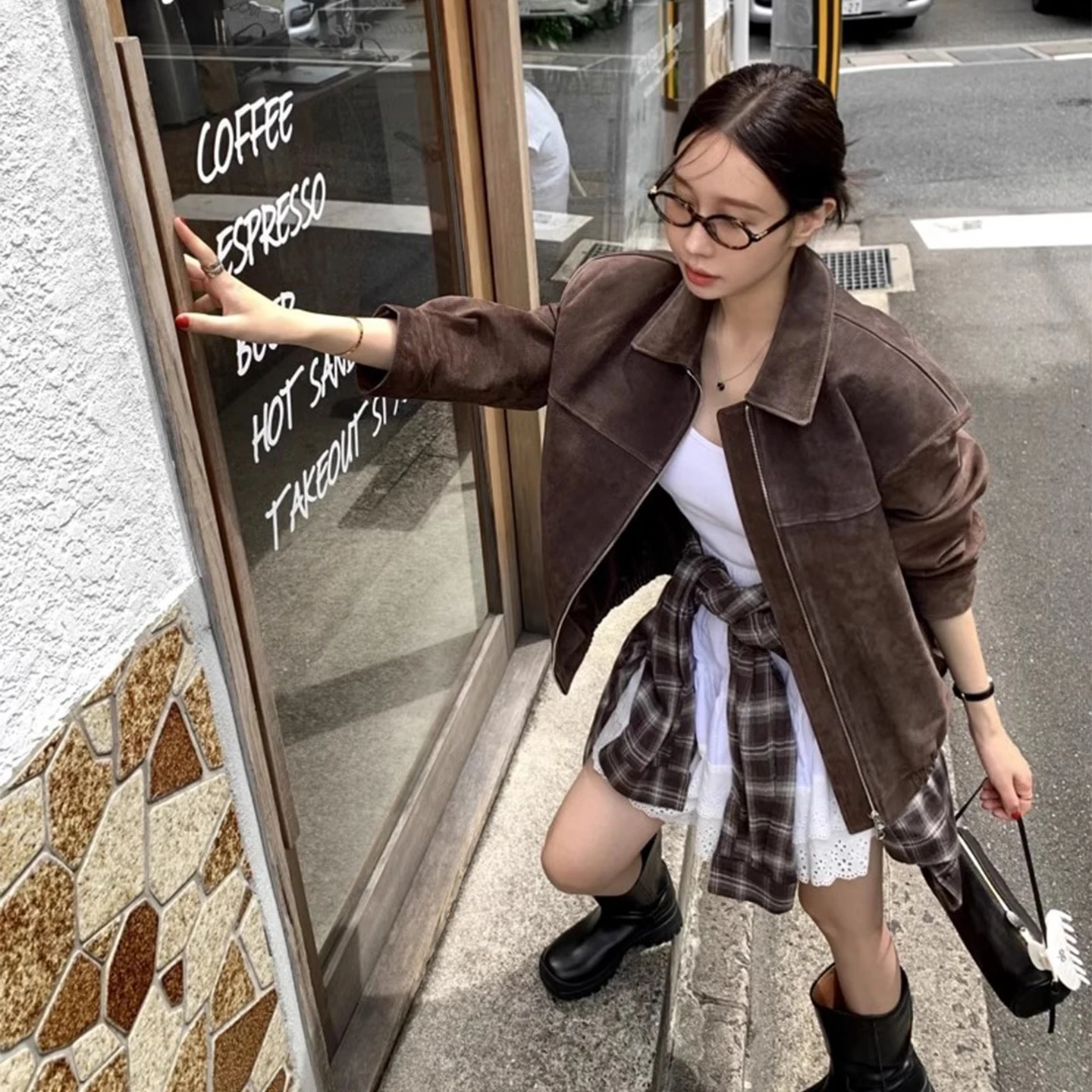 Retro Sle Women's ort Jaet Loose Fit Flip Collar Deer Skin Velvet Summer Casual Coat Small Size Lady Top Zipper Closure