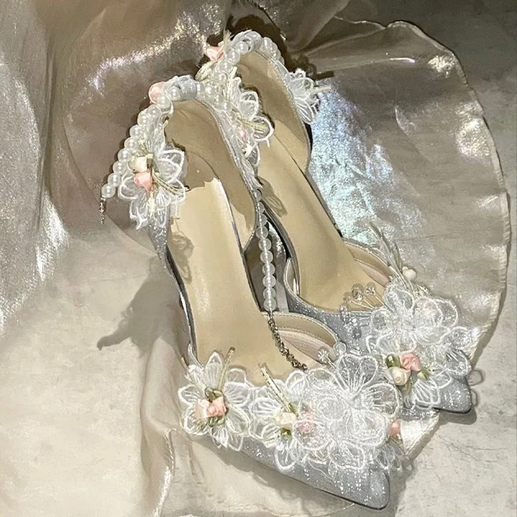 Spring Summer 2026 Silver Pearl Chain Wedding Shoes Pointed Toe Side Empty Thin Heel Adult Ceremony Unique Design Sandals