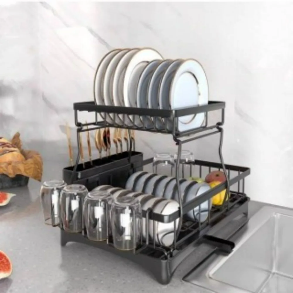 Kitchen dish drying rack with drain board, metal countertop organizer for plates,utensilseasily install home kitchen accessories