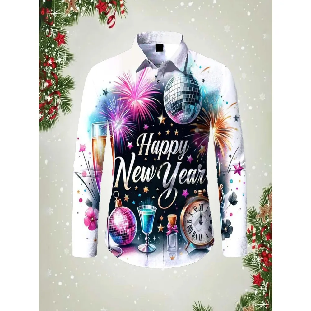 2025 Happy New Year Pattern 3D printed Men's long sleeved shirt top spring autumn new fashion casual unisex clothing