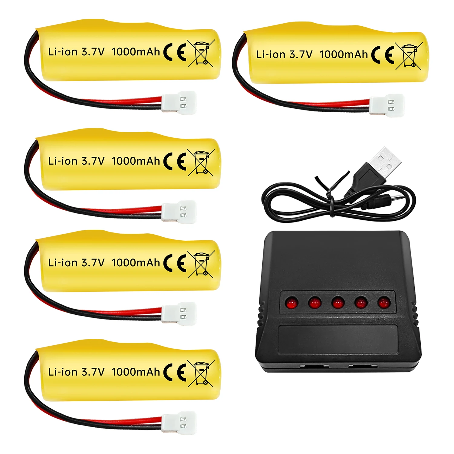 5PCS 3.7V 1000mAh Molex plug Li-ion Battery With 1 to 5 Charger for RC Engineering Vehicles,Drift Cars,Trucks,Off-Road vehicles