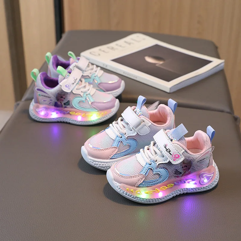 Disney dziewczęce buty na co dzień LED Lights Mesh oddychające dziecięce sportowe księżniczka Elsa różowe buty na co dzień trampki rozmiar 22-31