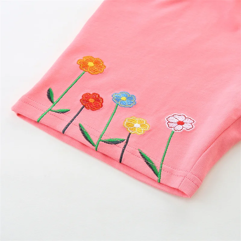 Jumping Meters Floral Embroidery Children's Shorts For Girls Flowers Applique Kids Trousers Pants Baby Clothes